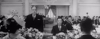 Movie still from “The Bad Sleep Well” (1960), directed by Akira Kurosawa – A black and white photo of two men in suits in front of a mirror; Medium shot, Low angle