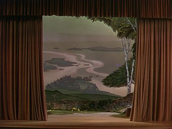 Movie still from “The Barkleys of Broadway” (1949), directed by Charles Walters – An open stage curtain with a view of a river; Extreme Wide shot, High angle