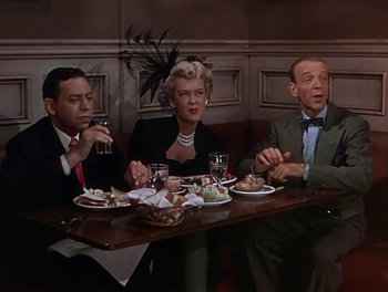 Movie still from “The Barkleys of Broadway” (1949), directed by Charles Walters – A group of people sitting at a table with plates of food; Medium shot, High angle