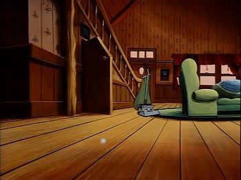 Movie still from “The Brave Little Toaster” (1987), directed by Jerry Rees – A room with a chair and a vacuum on the floor; Extreme Wide shot, High angle