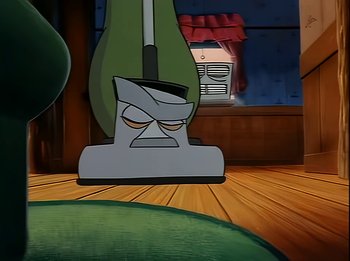 Movie still from “The Brave Little Toaster” (1987), directed by Jerry Rees – The head of a vacuum cleaner; Extreme Close Up shot, Low angle