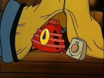 Movie still from “The Brave Little Toaster” (1987), directed by Jerry Rees – A cartoon character's face; Extreme Close Up shot, High angle