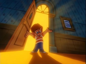 Movie still from “The Brave Little Toaster” (1987), directed by Jerry Rees – A child standing in front of an open door; Wide shot, High angle