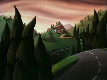Movie still from “The Brave Little Toaster” (1987), directed by Jerry Rees – A painting of a house in the middle of a forest; Extreme Wide shot, Low angle