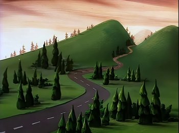 Movie still from “The Brave Little Toaster” (1987), directed by Jerry Rees – An animated scene of a road going through a hilly area; Extreme Wide shot, High angle