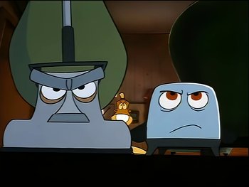 Movie still from “The Brave Little Toaster” (1987), directed by Jerry Rees – Two cartoon characters are looking at the camera; Close Up shot, Low angle