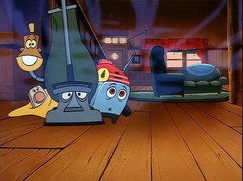 Movie still from “The Brave Little Toaster” (1987), directed by Jerry Rees – A group of cartoon characters in a living room; Wide shot, Low angle
