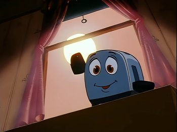 Movie still from “The Brave Little Toaster” (1987), directed by Jerry Rees – A cartoon of a toaster looking out of a window; Close Up shot, Low angle