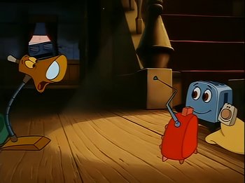 Movie still from “The Brave Little Toaster” (1987), directed by Jerry Rees – A scene from the animated film , the flintstones; Wide shot, High angle