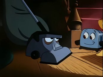 Movie still from “The Brave Little Toaster” (1987), directed by Jerry Rees – A cartoon character with a vacuum cleaner; Close Up shot, High angle