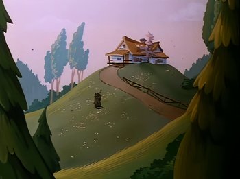 Movie still from “The Brave Little Toaster” (1987), directed by Jerry Rees – A painting of a house on top of a hill; Extreme Wide shot, High angle