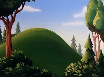 Movie still from “The Brave Little Toaster” (1987), directed by Jerry Rees – An illustration of trees and a hill in the middle of a forest; Extreme Wide shot, Low angle