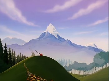 Movie still from “The Brave Little Toaster” (1987), directed by Jerry Rees – A painting of a hill with a mountain in the background; Extreme Wide shot, Low angle