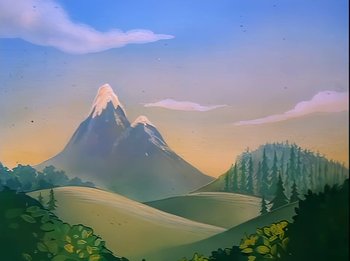 Movie still from “The Brave Little Toaster” (1987), directed by Jerry Rees – A painting of a mountain range with trees in the background; Extreme Wide shot, Low angle