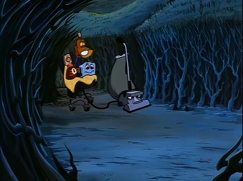 Movie still from “The Brave Little Toaster” (1987), directed by Jerry Rees – A computer animation of a scene of a cave; Extreme Wide shot, High angle