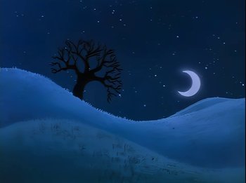 Movie still from “The Brave Little Toaster” (1987), directed by Jerry Rees – A painting of a night sky with a tree and a moon; Extreme Wide shot, Low angle