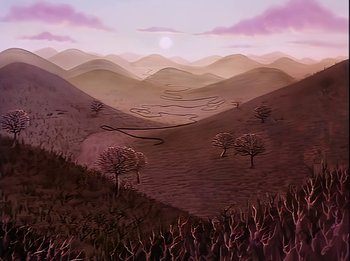 Movie still from “The Brave Little Toaster” (1987), directed by Jerry Rees – A painting of a valley with trees in the foreground; Extreme Wide shot, High angle