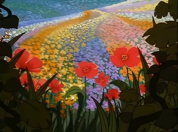Movie still from “The Brave Little Toaster” (1987), directed by Jerry Rees – A painting of a field of red flowers; Extreme Wide shot, High angle