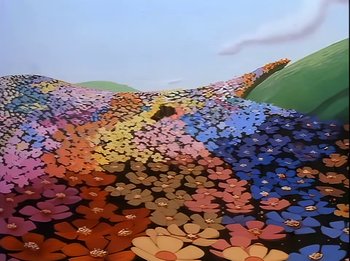 Movie still from “The Brave Little Toaster” (1987), directed by Jerry Rees – A painting of many different colored flowers in a field; Extreme Wide shot, High angle