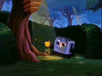 Movie still from “The Brave Little Toaster” (1987), directed by Jerry Rees – An animated picture of a toaster in the woods; Extreme Wide shot, Low angle