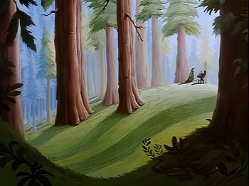 Movie still from “The Brave Little Toaster” (1987), directed by Jerry Rees – A painting of a forest with a person sitting on a bench in the middle of it; Extreme Wide shot, Low angle
