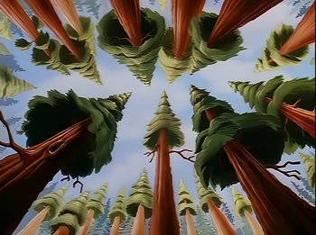 Movie still from “The Brave Little Toaster” (1987), directed by Jerry Rees – A painting of a forest with many trees; Extreme Wide shot, Low angle