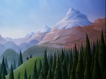 Movie still from “The Brave Little Toaster” (1987), directed by Jerry Rees – A painting of a man sitting on top of a hill; Extreme Wide shot, Low angle