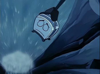 Movie still from “The Brave Little Toaster” (1987), directed by Jerry Rees – An animated picture of a person falling from a cliff; Extreme Wide shot, Overhead angle