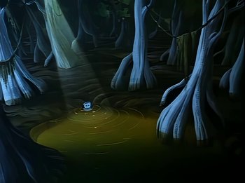 Movie still from “The Brave Little Toaster” (1987), directed by Jerry Rees – A painting of an animal in the middle of a forest; Extreme Wide shot, High angle
