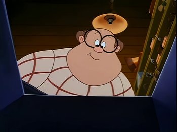 Movie still from “The Brave Little Toaster” (1987), directed by Jerry Rees – A cartoon character's face; Medium shot, Low angle