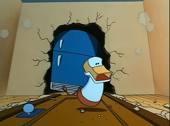 Movie still from “The Brave Little Toaster” (1987), directed by Jerry Rees – A cartoon of a duck standing in front of an open refrigerator; Medium shot, Low angle