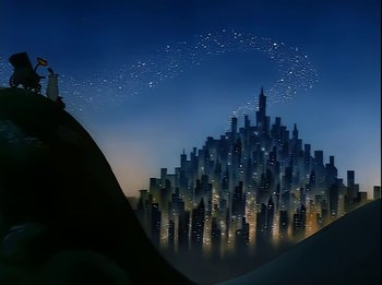 Movie still from “The Brave Little Toaster” (1987), directed by Jerry Rees – An artistic painting of a city skyline at night; Extreme Wide shot, Low angle