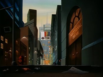 Movie still from “The Brave Little Toaster” (1987), directed by Jerry Rees – A painting of a city street at night; Extreme Wide shot, Low angle