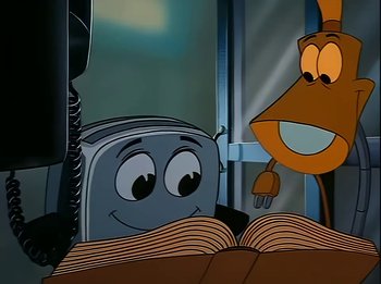 Movie still from “The Brave Little Toaster” (1987), directed by Jerry Rees – A cartoon picture of a toaster and a book; Close Up shot, Low angle