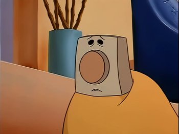 Movie still from “The Brave Little Toaster” (1987), directed by Jerry Rees – A paper bag with a face drawn on it is sitting on a table; Extreme Close Up shot, Low angle