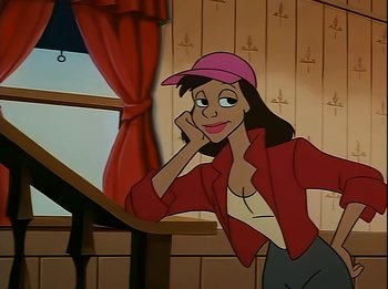 Movie still from “The Brave Little Toaster” (1987), directed by Jerry Rees – A woman with a pink hat is talking on a cell phone; Close Up shot, Over the shoulder angle