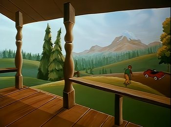 Movie still from “The Brave Little Toaster” (1987), directed by Jerry Rees – A painting of a man riding a skateboard on a wooden deck; Wide shot, Low angle