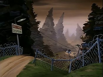 Movie still from “The Brave Little Toaster” (1987), directed by Jerry Rees – A painting of a fence and a dirt road; Extreme Wide shot, Low angle