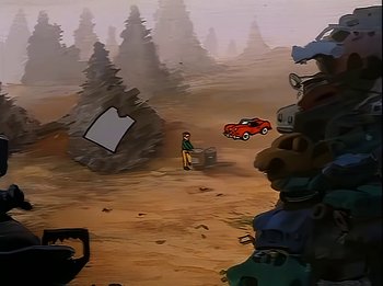 Movie still from “The Brave Little Toaster” (1987), directed by Jerry Rees – An animated scene of a man and a red car in the dirt; Extreme Wide shot, High angle