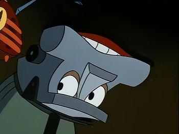 Movie still from “The Brave Little Toaster” (1987), directed by Jerry Rees – The head of a cartoon character; Extreme Close Up shot, Low angle