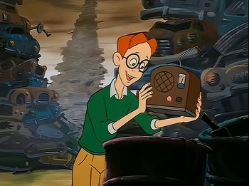 Movie still from “The Brave Little Toaster” (1987), directed by Jerry Rees – A cartoon of a man holding an old fashioned radio; Medium shot, Over the shoulder angle