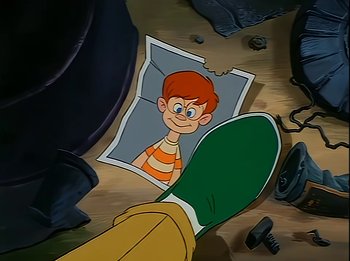 Movie still from “The Brave Little Toaster” (1987), directed by Jerry Rees – A picture of a cartoon character; Medium shot, High angle