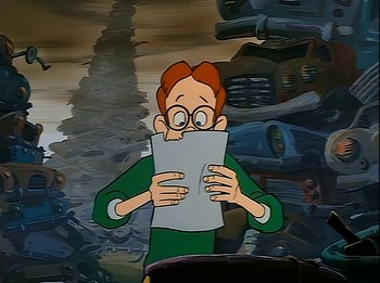 Movie still from “The Brave Little Toaster” (1987), directed by Jerry Rees – A man holding a sheet of paper in his hands; Close Up shot, High angle