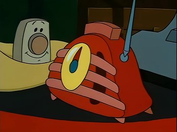 Movie still from “The Brave Little Toaster” (1987), directed by Jerry Rees – A cartoon picture of an old fashioned radio; Extreme Close Up shot, Low angle