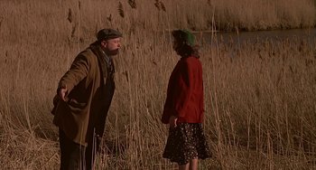 Movie still from “The Brink's Job” (1978), directed by William Friedkin – A man and a woman standing in tall grass; Medium shot, Over the shoulder angle