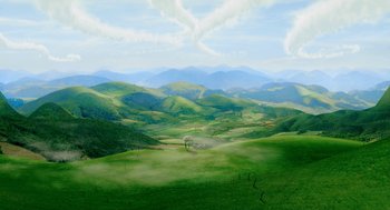Movie still from “The Cat in the Hat” (2003), directed by Bo Welch – An image of a green valley with a tree in the middle of it; Extreme Wide shot, High angle