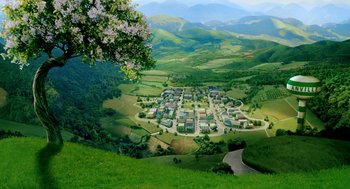 Movie still from “The Cat in the Hat” (2003), directed by Bo Welch – An aerial view of a small town in the mountains; Extreme Wide shot, High angle
