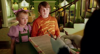 Movie still from “The Cat in the Hat” (2003), directed by Bo Welch – Two children are sitting at a table with papers and pencils; Medium shot, Over the shoulder angle