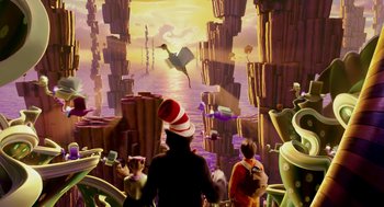 Movie still from “The Cat in the Hat” (2003), directed by Bo Welch – A group of people standing in front of an aquarium; Wide shot, Low angle