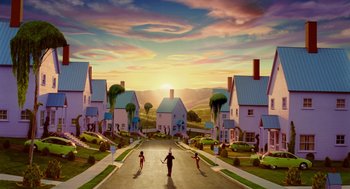 Movie still from “The Cat in the Hat” (2003), directed by Bo Welch – A painting of a street with houses on both sides of the street; Extreme Wide shot, High angle